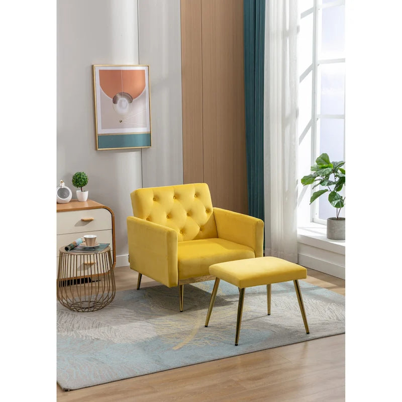 Fauteuil en velours capitonné avec accoudoirs et dossier réglables et son pouf