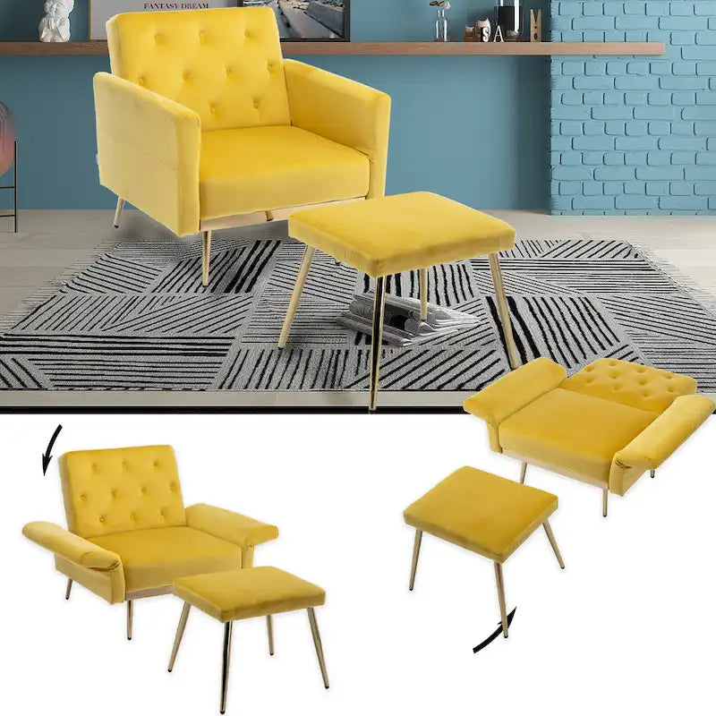 Fauteuil en velours capitonné avec accoudoirs et dossier réglables et son pouf