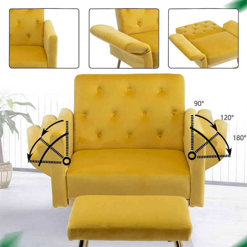 Fauteuil en velours capitonné avec accoudoirs et dossier réglables et son pouf