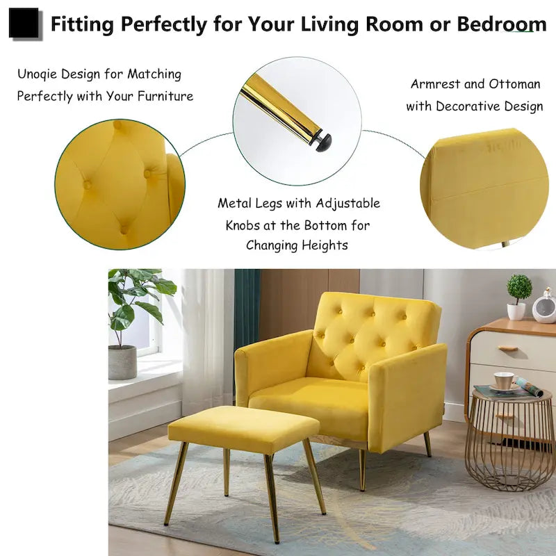 Fauteuil en velours capitonné avec accoudoirs et dossier réglables et son pouf