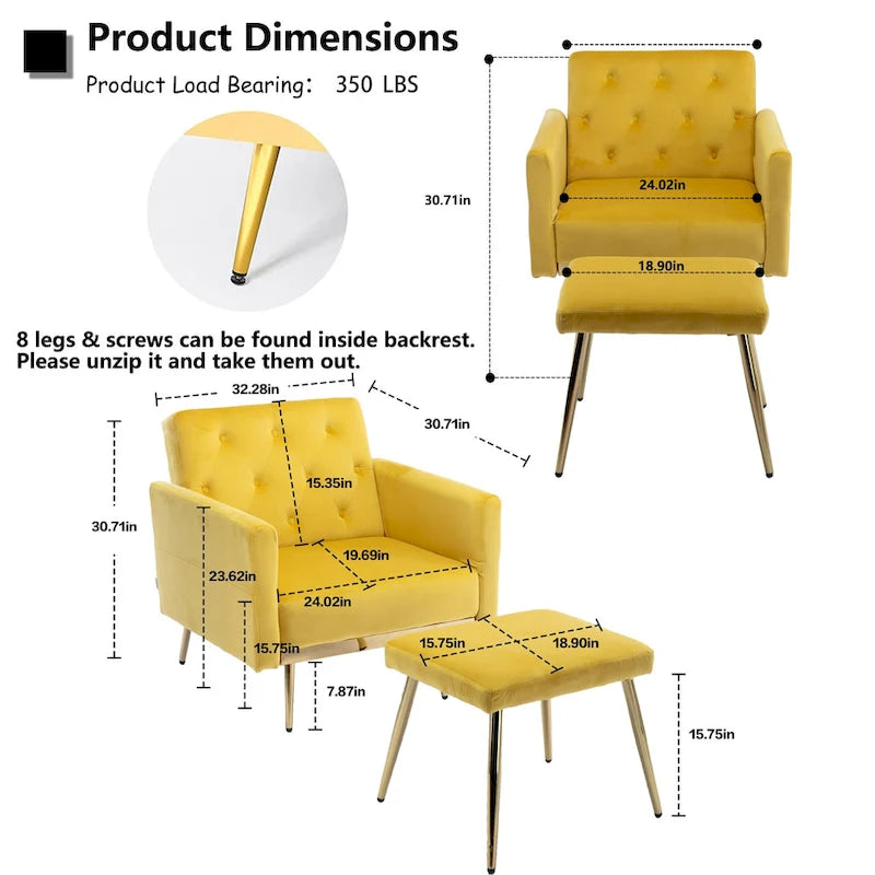 Fauteuil en velours capitonné avec accoudoirs et dossier réglables et son pouf