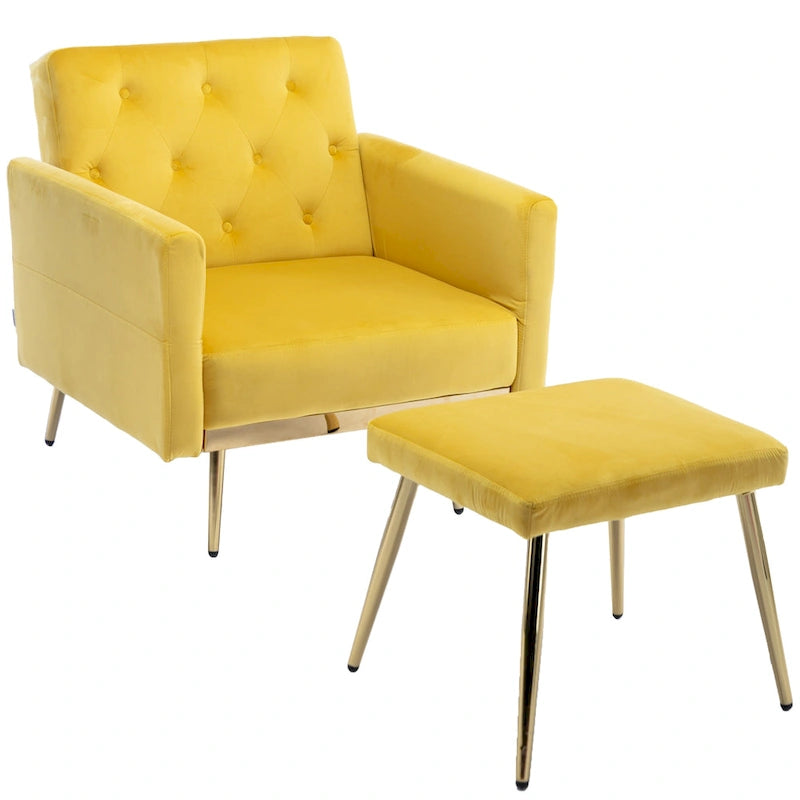 Fauteuil en velours capitonné avec accoudoirs et dossier réglables et son pouf
