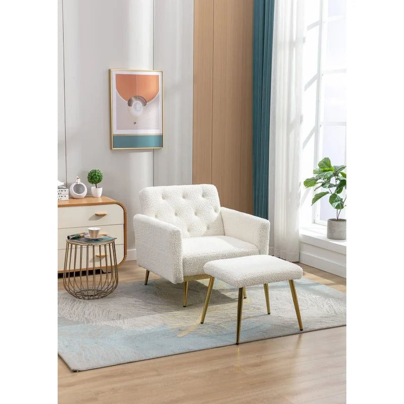 Fauteuil en velours capitonné avec accoudoirs et dossier réglables et son pouf