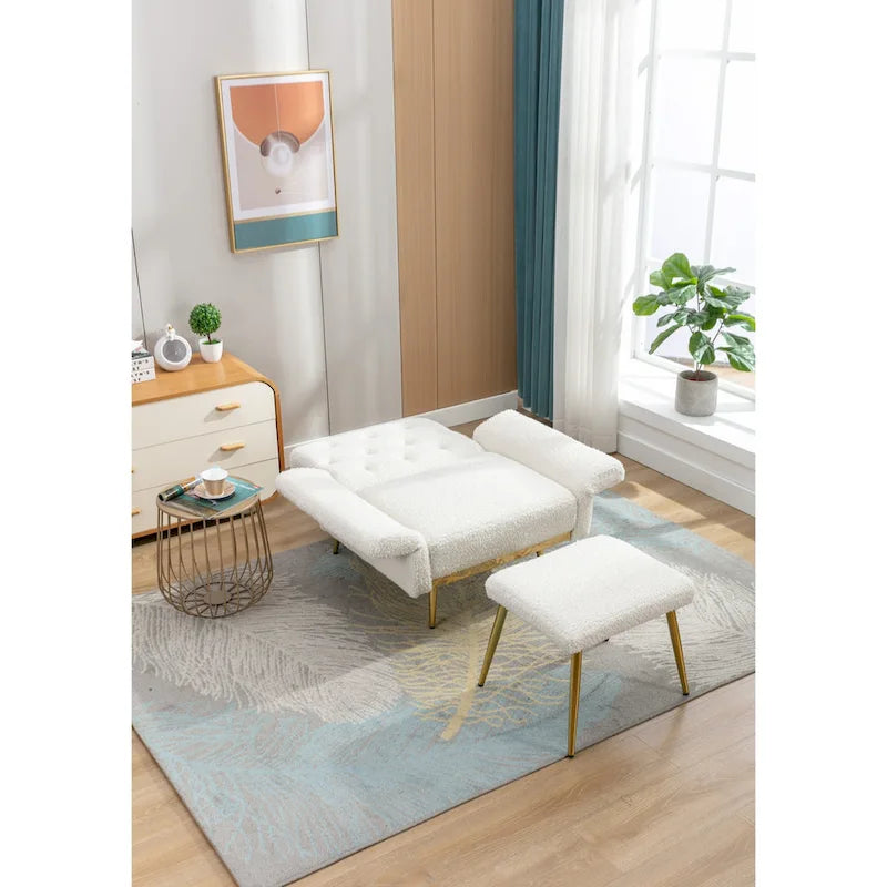 Fauteuil en velours capitonné avec accoudoirs et dossier réglables et son pouf