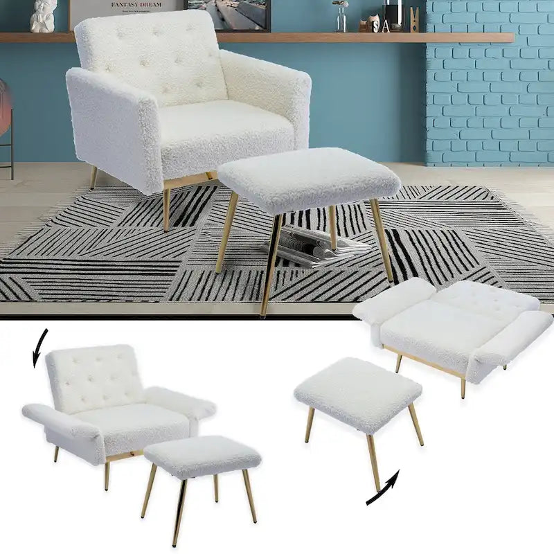 Fauteuil en velours capitonné avec accoudoirs et dossier réglables et son pouf