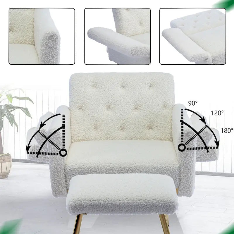 Fauteuil en velours capitonné avec accoudoirs et dossier réglables et son pouf