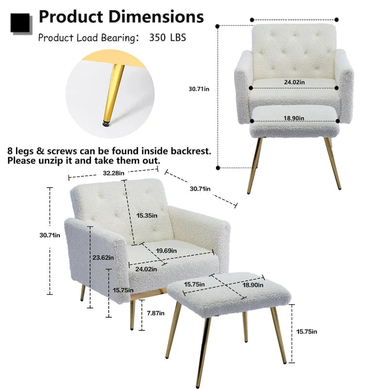 Fauteuil en velours capitonné avec accoudoirs et dossier réglables et son pouf