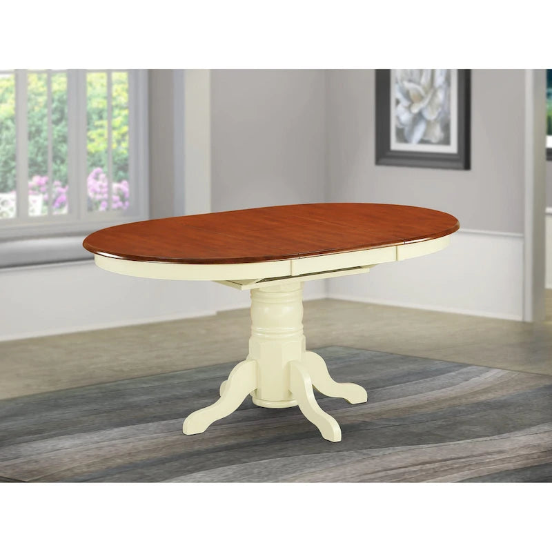Table de cuisine et salle à manger, plateau ovale avec rallonge papillon et pieds colonnes - Table en bois massif (option de finition)