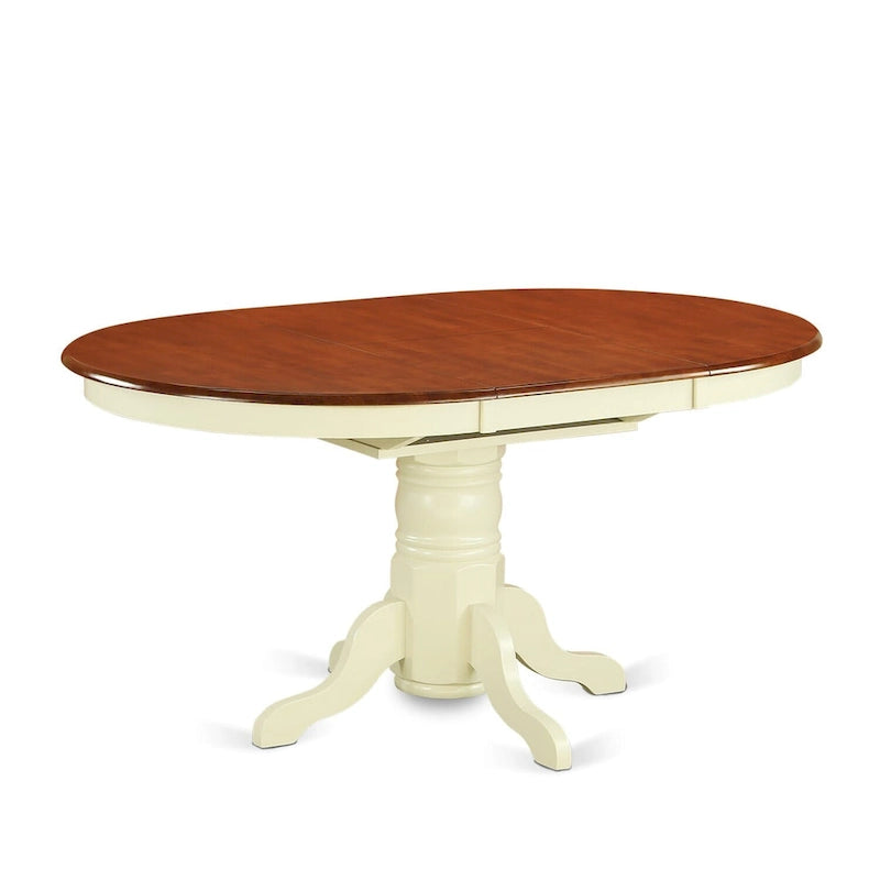 Table de cuisine et salle à manger, plateau ovale avec rallonge papillon et pieds colonnes - Table en bois massif (option de finition)