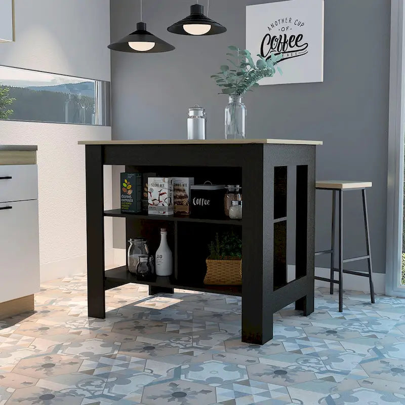 Îlot de cuisine, trois étagères dissimulées