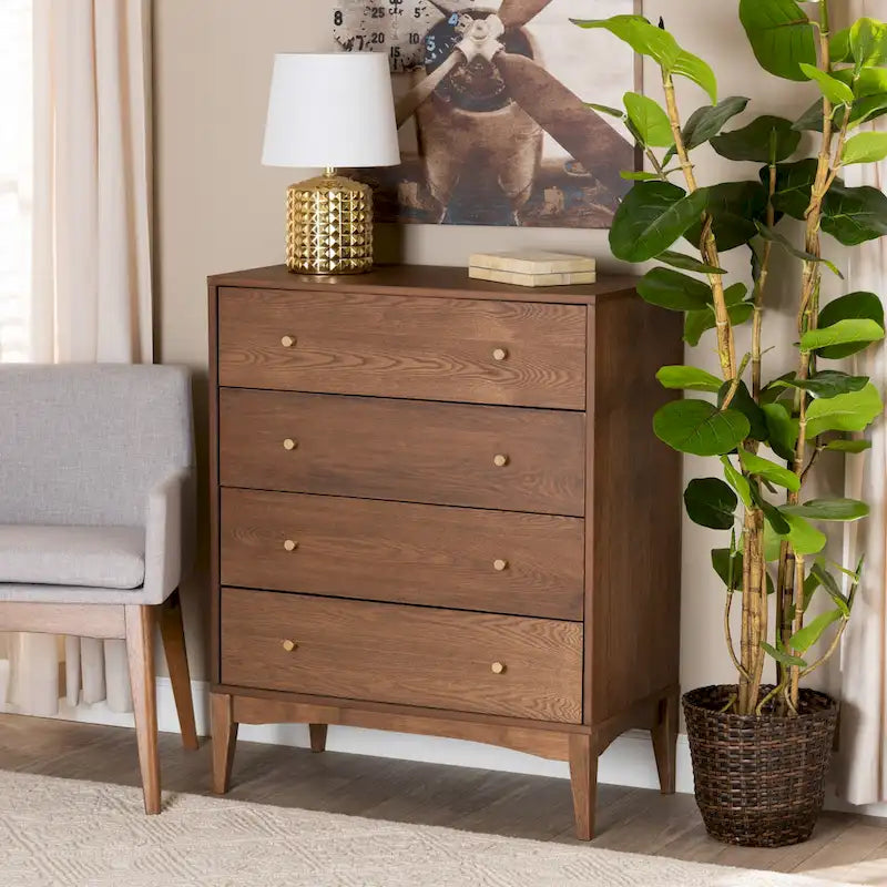 Commode à 4 tiroirs en bois de frêne et noyer de style moderne du milieu du siècle
