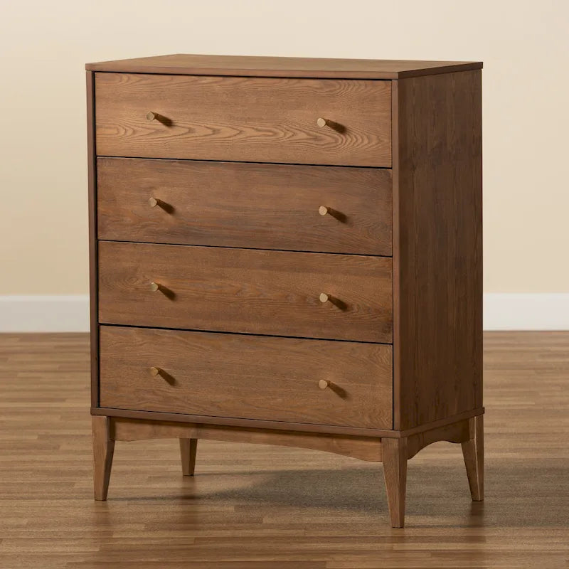 Commode à 4 tiroirs en bois de frêne et noyer de style moderne du milieu du siècle