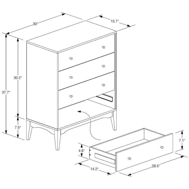Commode à 4 tiroirs en bois de frêne et noyer de style moderne du milieu du siècle