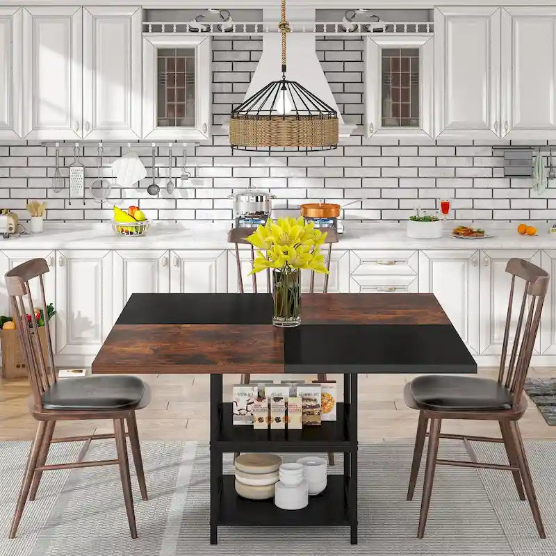 Table à manger ronde pour 4 personnes, Table de cuisine de 119 cm petite table à dîner avec étagère de rangement
