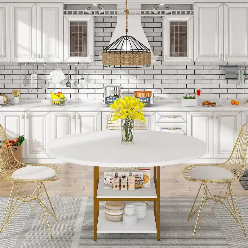 Table à manger ronde pour 4 personnes, Table de cuisine de 119 cm petite table à dîner avec étagère de rangement