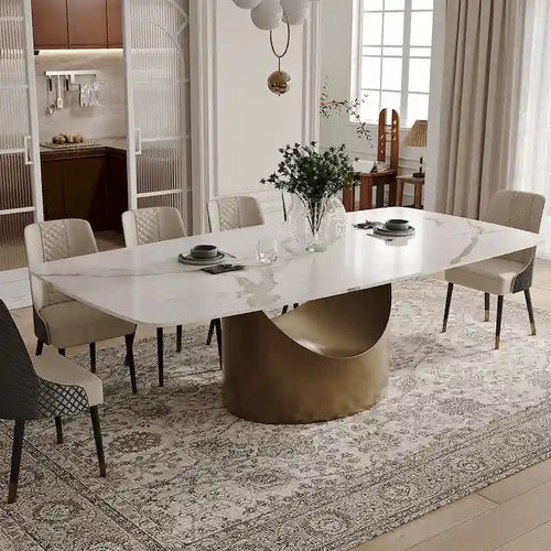 63-94 Table à manger moderne avec plateau rectangulaire en pierre frittée et pieds en acier au carbone pour 4 à 10 personnes