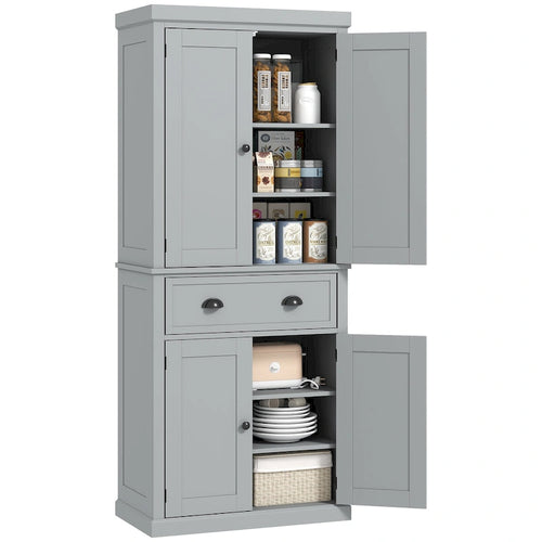 72 Armoire de cuisine autoportante, Armoire de rangement haute avec 2 placards, tiroir et étagères réglables