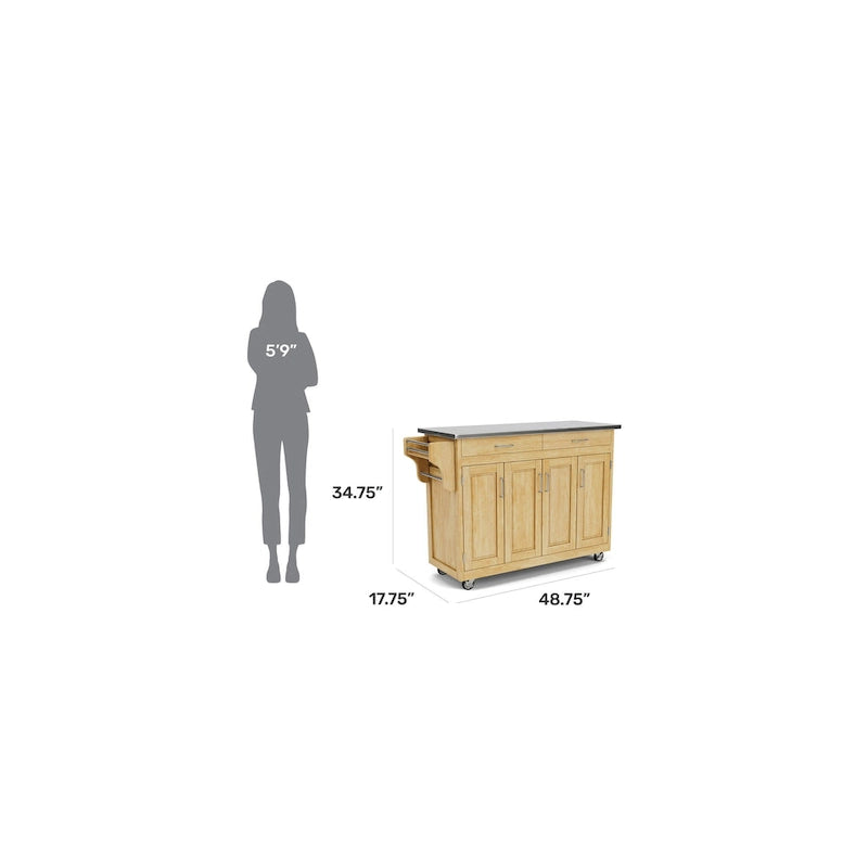 Desserte de cuisine mobile naturelle avec plateau en acier inoxydable