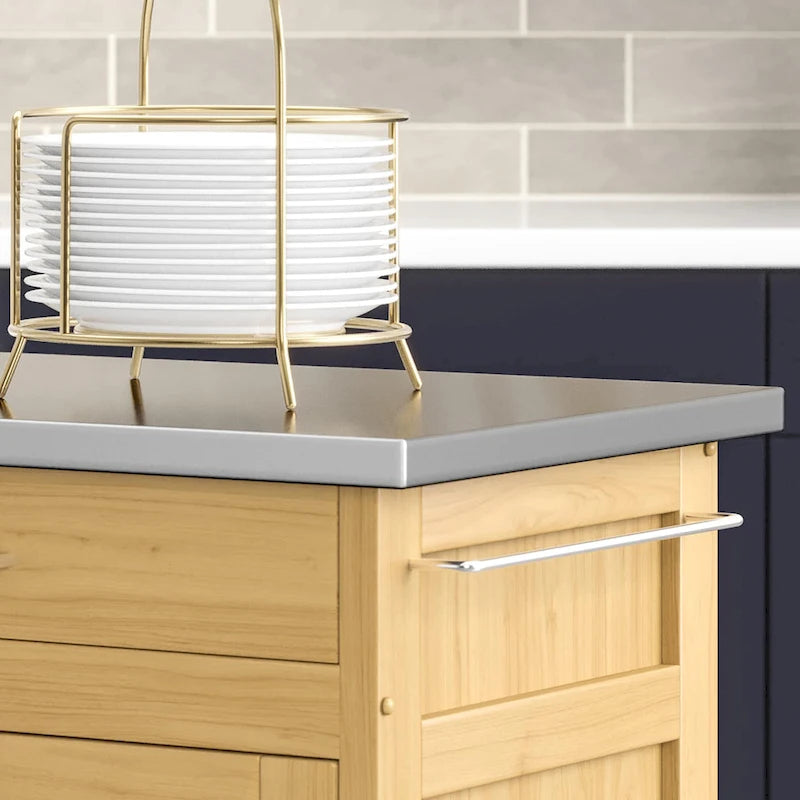 Desserte de cuisine mobile naturelle avec plateau en acier inoxydable