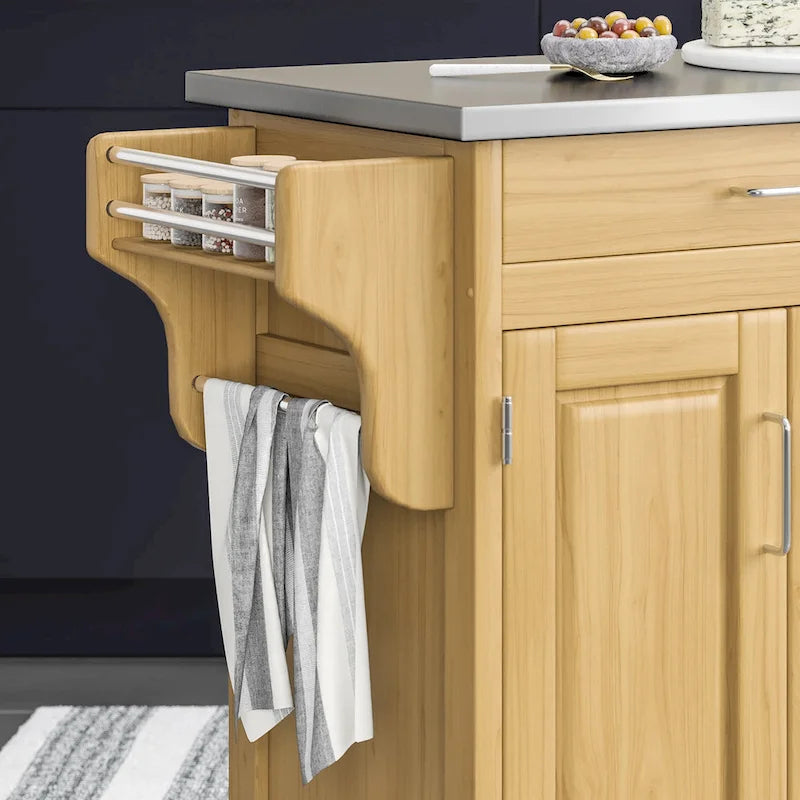 Desserte de cuisine mobile naturelle avec plateau en acier inoxydable