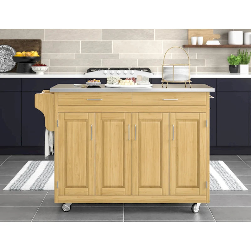 Desserte de cuisine mobile naturelle avec plateau en acier inoxydable