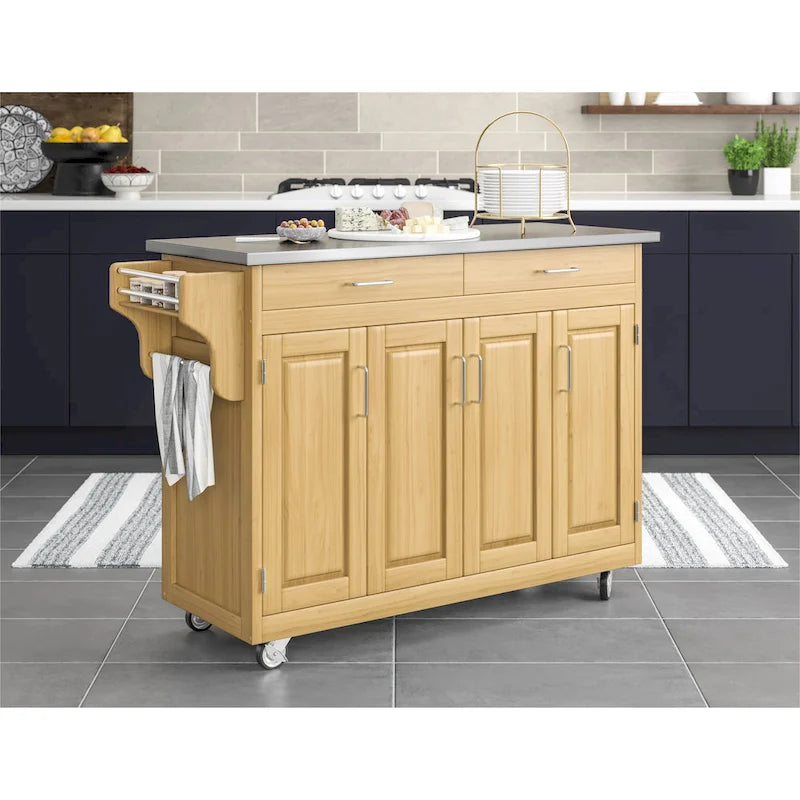 Desserte de cuisine mobile naturelle avec plateau en acier inoxydable