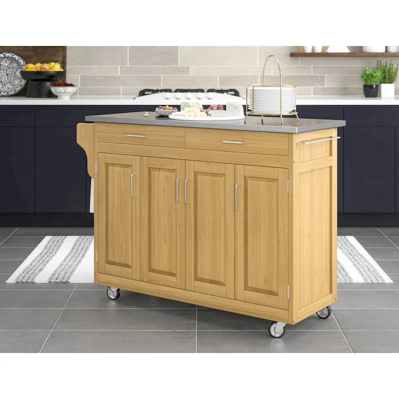 Desserte de cuisine mobile naturelle avec plateau en acier inoxydable
