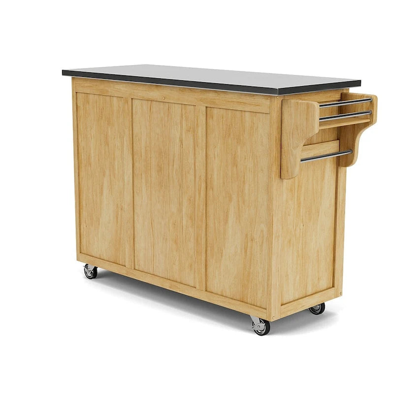 Desserte de cuisine mobile naturelle avec plateau en acier inoxydable