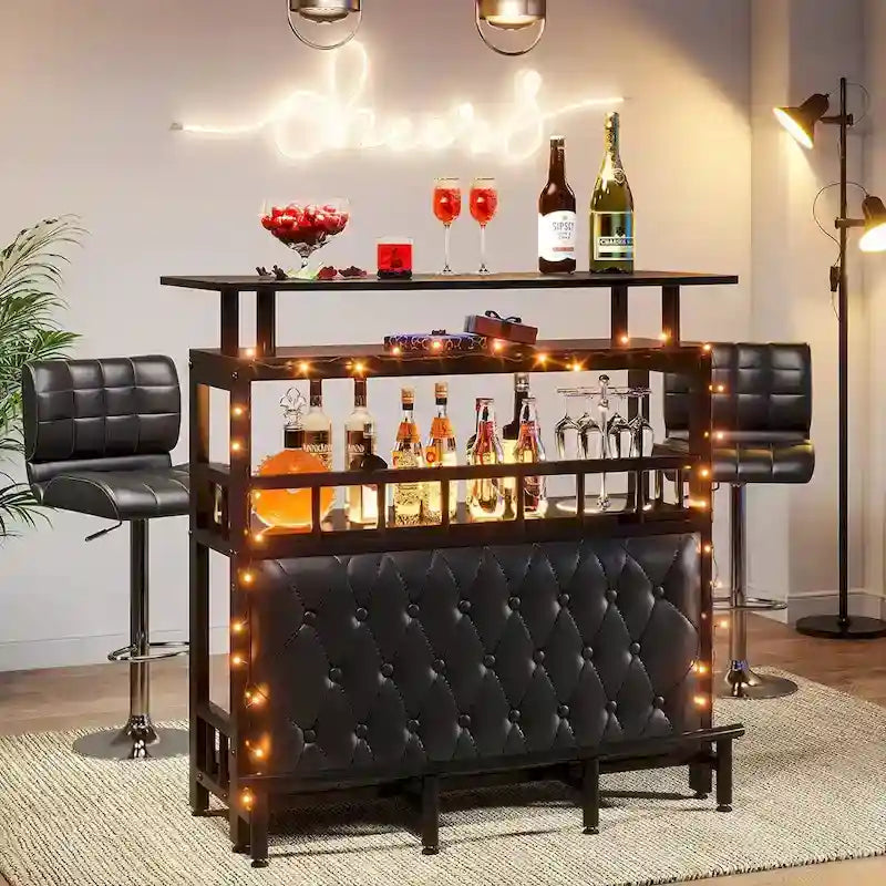 Meuble de bar pour la maison avec étagère de rangement rembourrée à l'avant et repose-pieds en métal pour sous-sol de maison