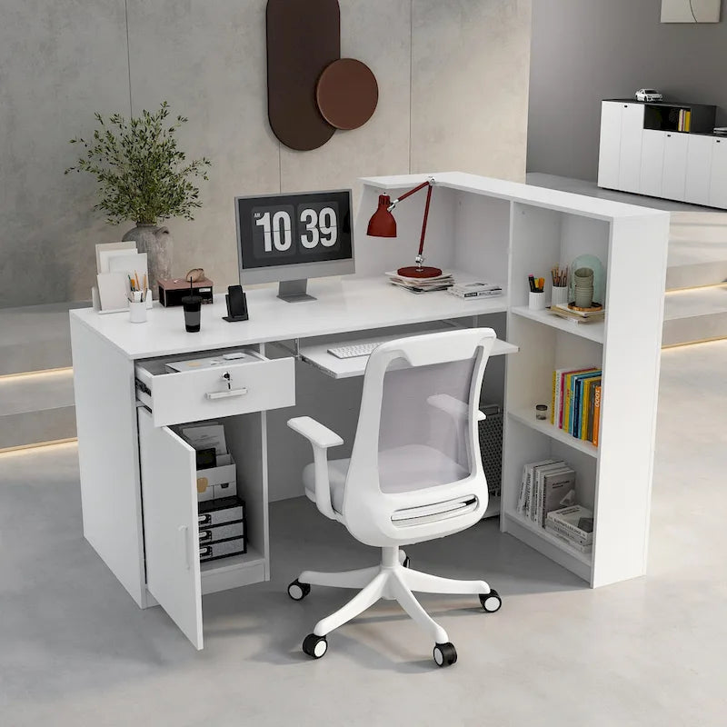 Comptoir de réception en L avec étagère de rangement