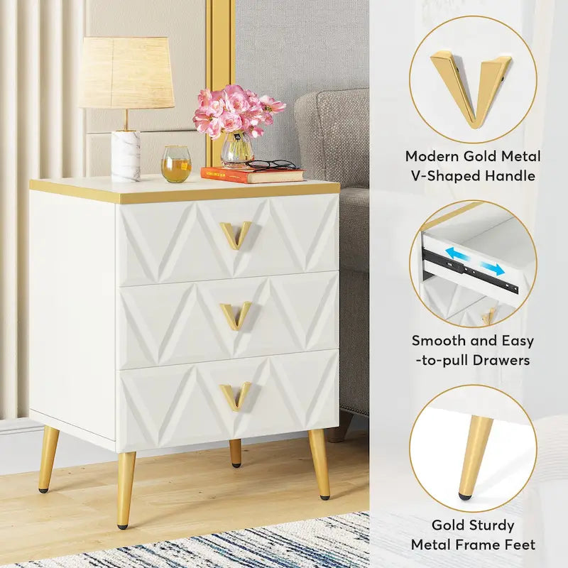 Lot de 2 tables de chevet modernes à 3 tiroirs, table d'appoint de canapé blanc doré, table de nuit avec rangement