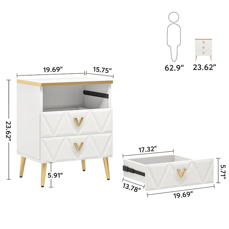 Lot de 2 tables de chevet modernes à 3 tiroirs, table d'appoint de canapé blanc doré, table de nuit avec rangement