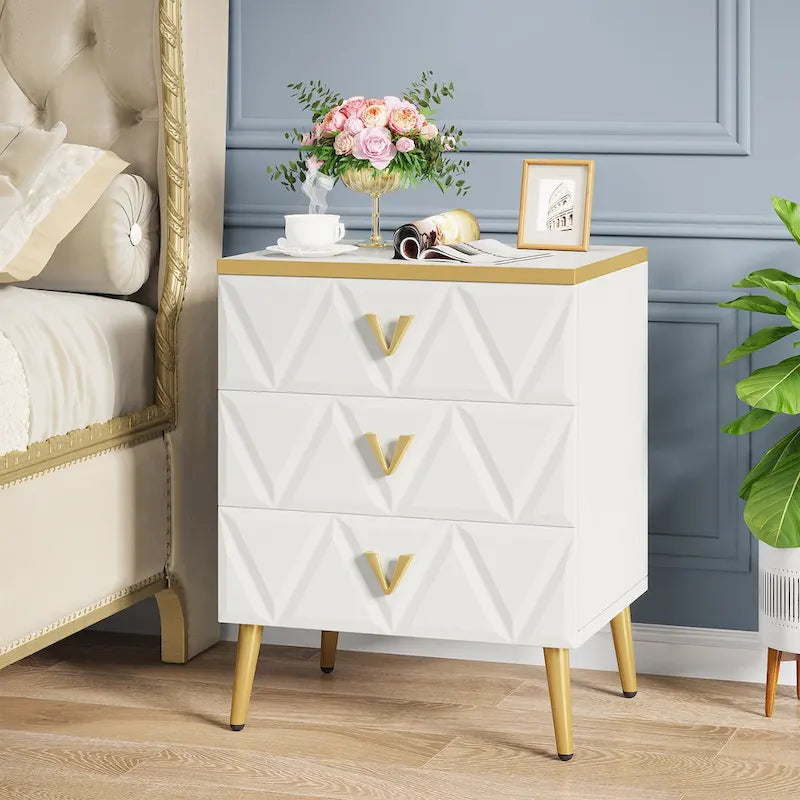 Lot de 2 tables de chevet modernes à 3 tiroirs, table d'appoint de canapé blanc doré, table de nuit avec rangement