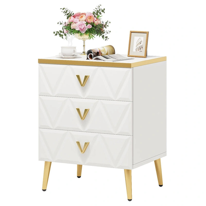 Lot de 2 tables de chevet modernes à 3 tiroirs, table d'appoint de canapé blanc doré, table de nuit avec rangement