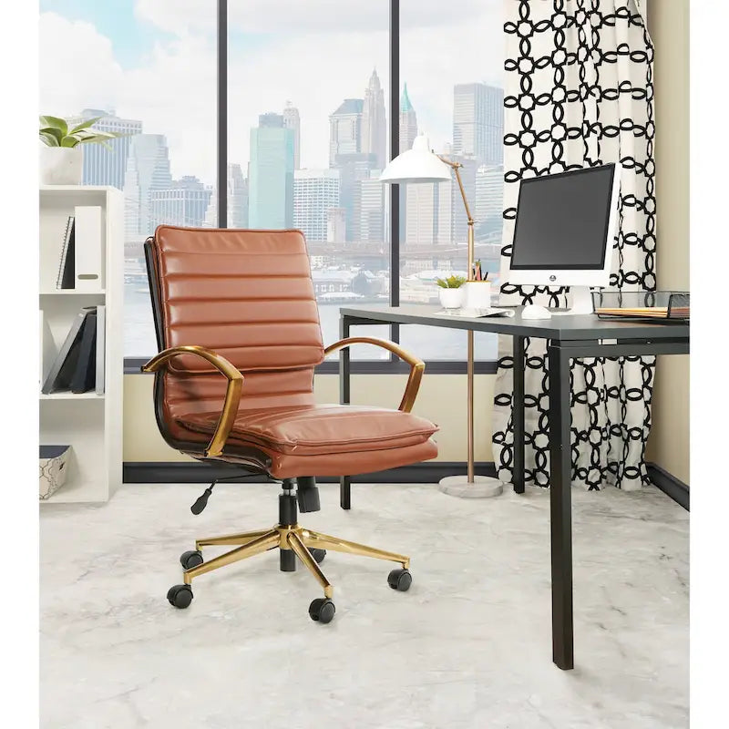 Chaise de bureau mi-dossier en similicuir avec base dorée
