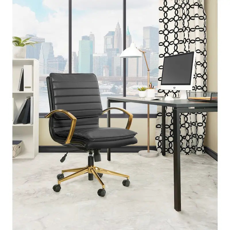 Chaise de bureau mi-dossier en similicuir avec base dorée