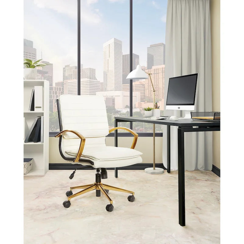 Chaise de bureau mi-dossier en similicuir avec base dorée