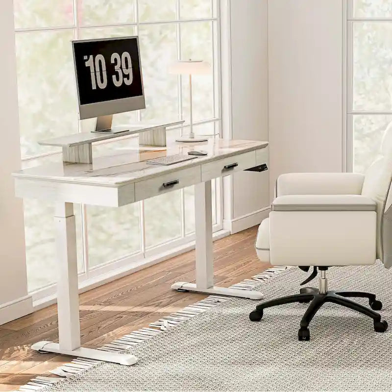 Bureau debout 55 po Slate Stone de direction avec 2 tiroirs et support d'écran
