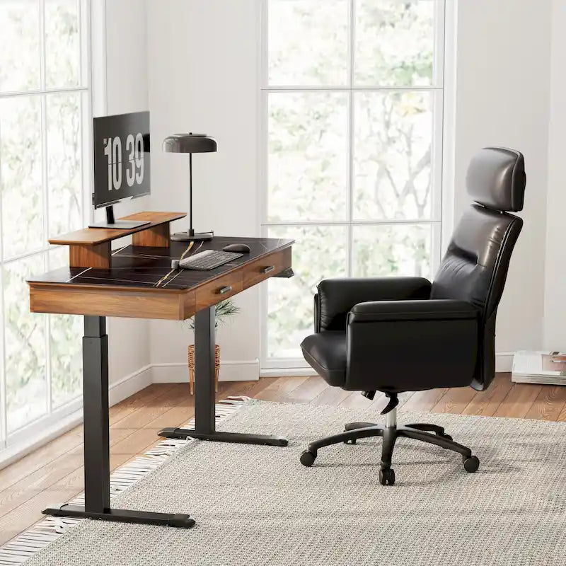 Bureau debout 55 po Slate Stone de direction avec 2 tiroirs et support d'écran