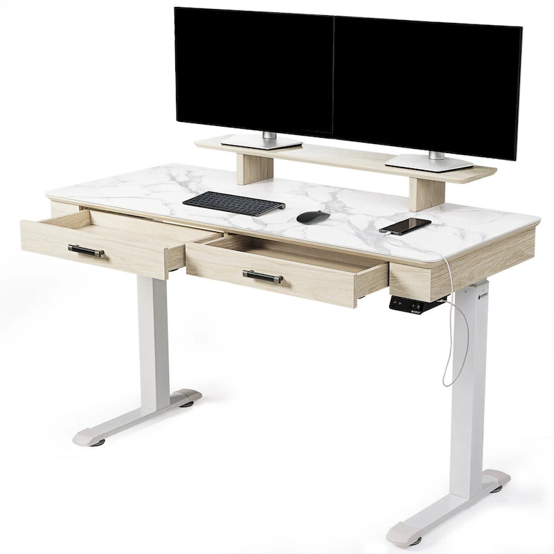 Bureau debout 55 po Slate Stone de direction avec 2 tiroirs et support d'écran