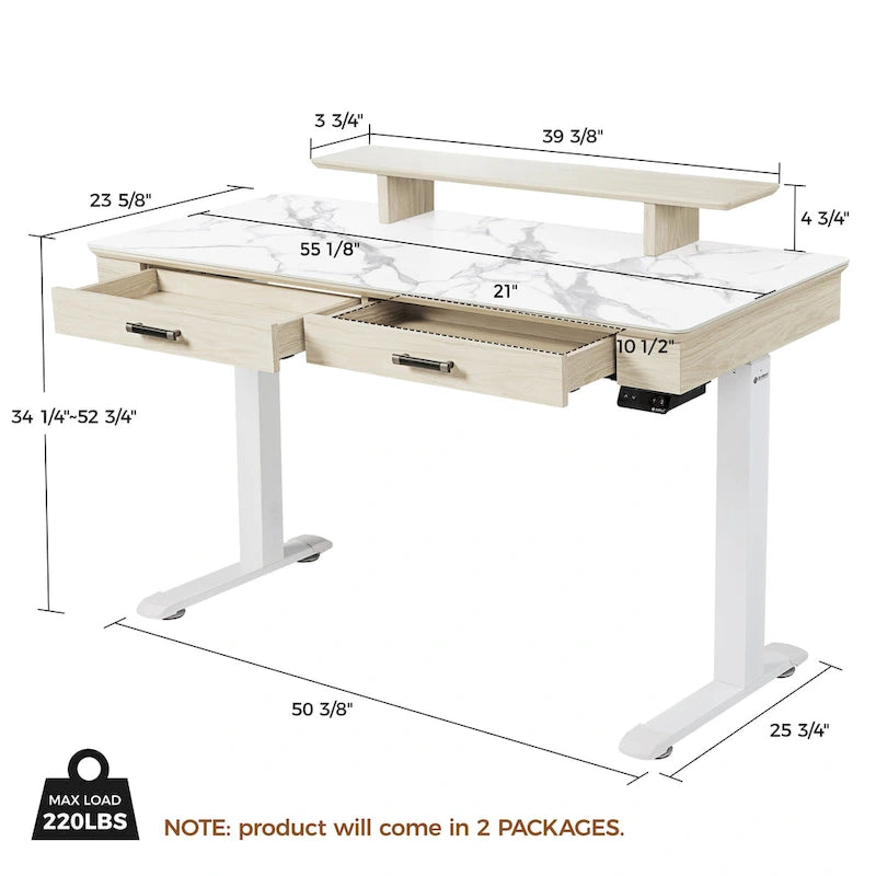 Bureau debout 55 po Slate Stone de direction avec 2 tiroirs et support d'écran