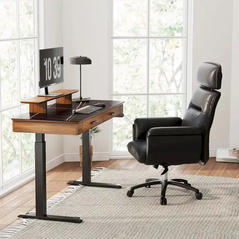Bureau debout 55 po Slate Stone de direction avec 2 tiroirs et support d'écran