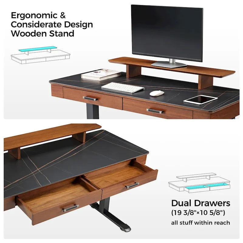 Bureau debout 55 po Slate Stone de direction avec 2 tiroirs et support d'écran