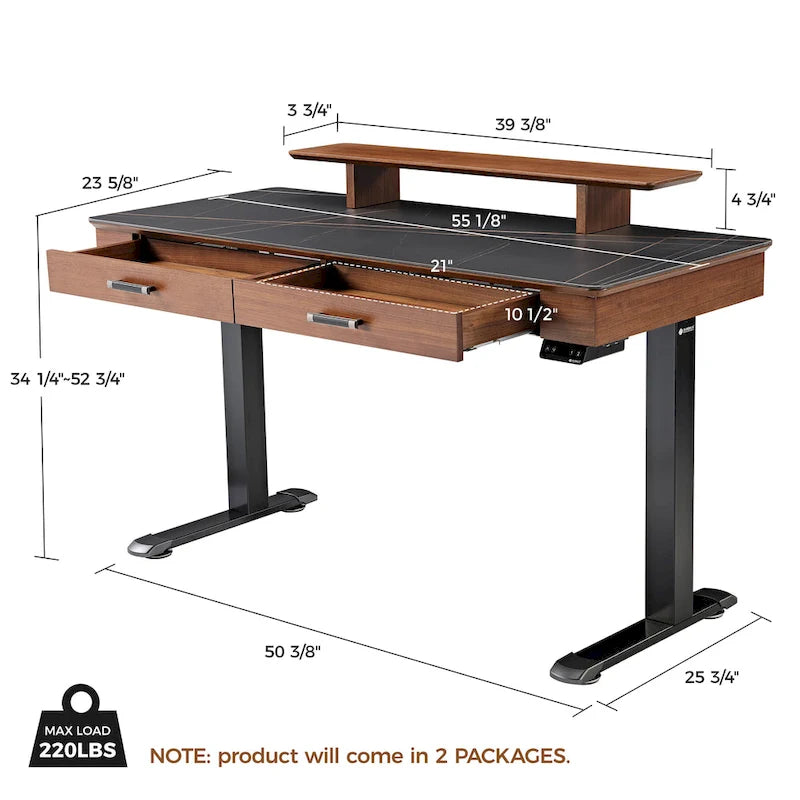 Bureau debout 55 po Slate Stone de direction avec 2 tiroirs et support d'écran