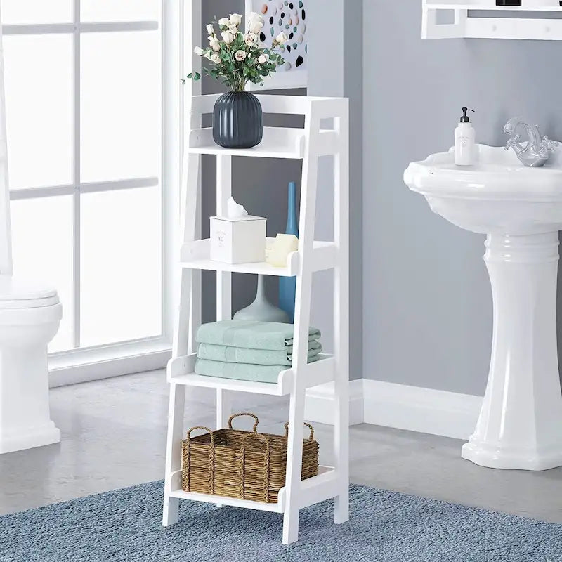 Étagère échelle à 4 niveaux, étagère de salle de bain autoportante, unité de rangement ouverte à 4 étagères en bois, étagère échelle