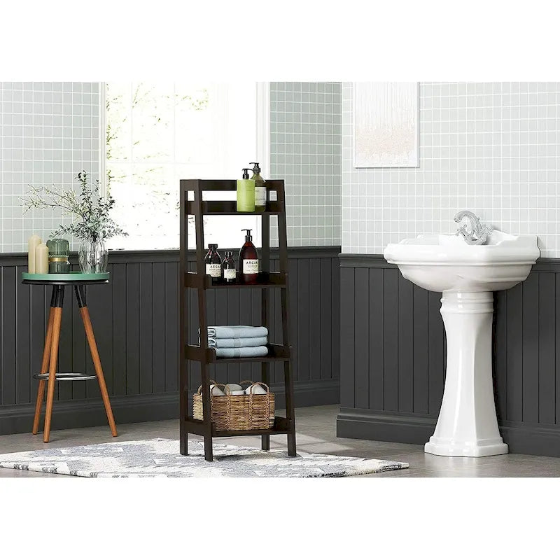 Étagère échelle à 4 niveaux, étagère de salle de bain autoportante, unité de rangement ouverte à 4 étagères en bois, étagère échelle