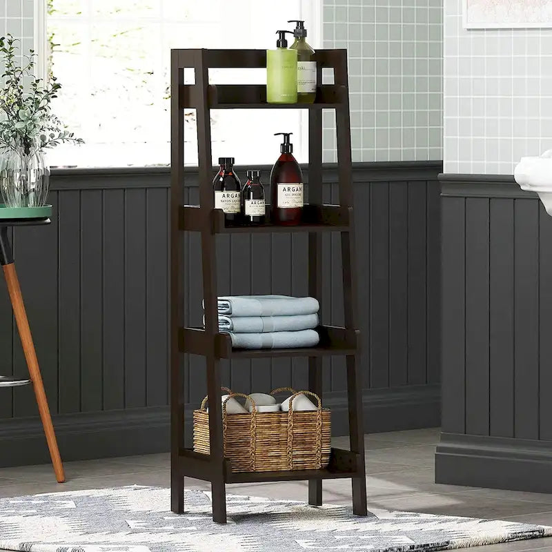 Étagère échelle à 4 niveaux, étagère de salle de bain autoportante, unité de rangement ouverte à 4 étagères en bois, étagère échelle