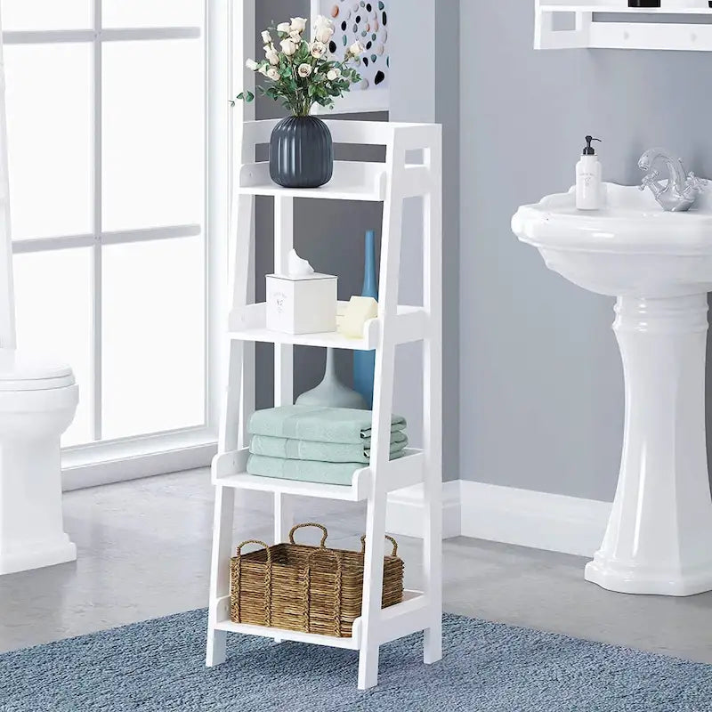 Étagère échelle à 4 niveaux, étagère de salle de bain autoportante, unité de rangement ouverte à 4 étagères en bois, étagère échelle