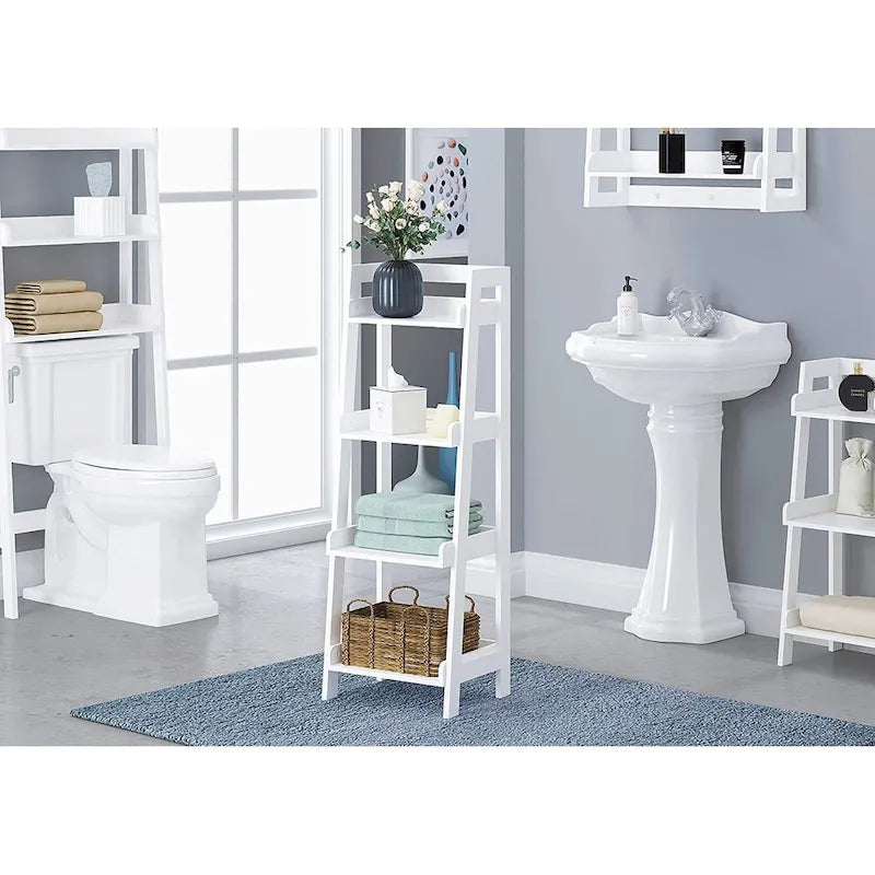 Étagère échelle à 4 niveaux, étagère de salle de bain autoportante, unité de rangement ouverte à 4 étagères en bois, étagère échelle