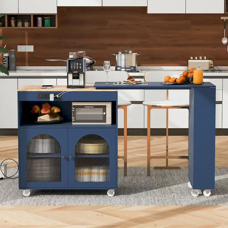 Rubberwood Kitchen Cart with Drop Leaf, Extended Table, 2 Fluted Glass Doors, LED Light and Power Outlet